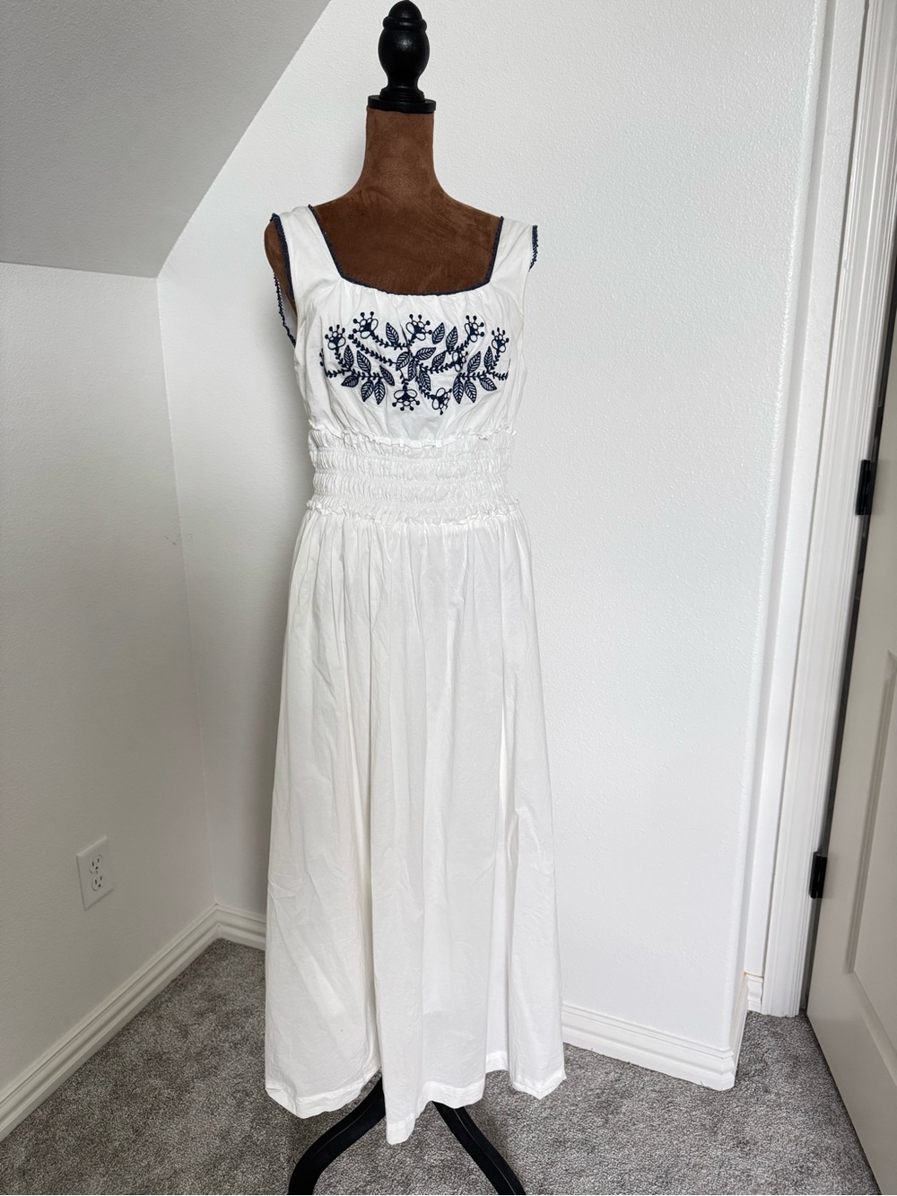 White Maxi Sundress with Navy Floral Embroidery